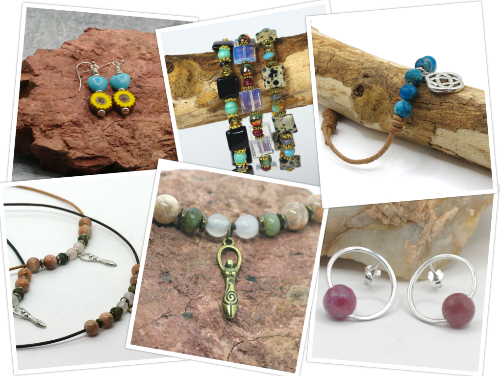 A collage of photos featuring beaded earrings, necklaces and bracelets.